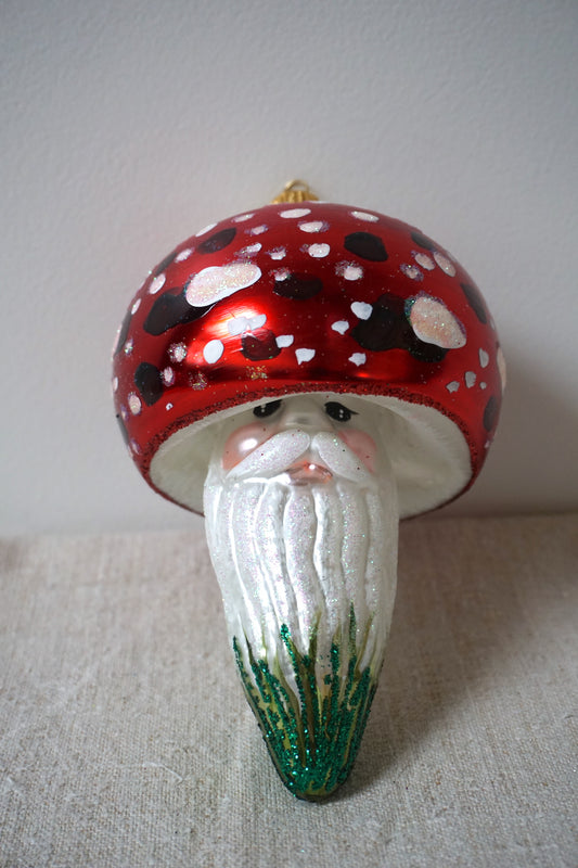 Polish Glass Christmas Ornament - Extra Large Mushroom with Santa Face