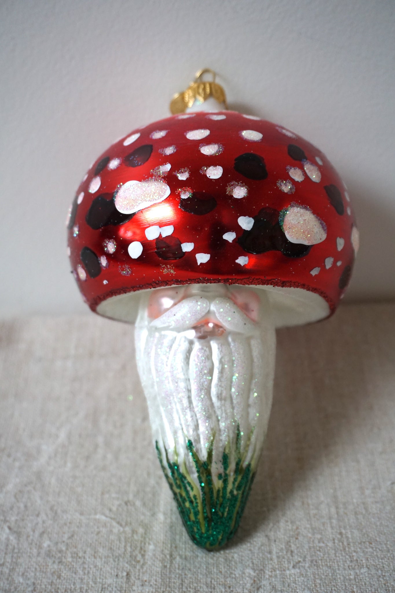 Polish Glass Christmas Ornament - Extra Large Mushroom with Santa Face