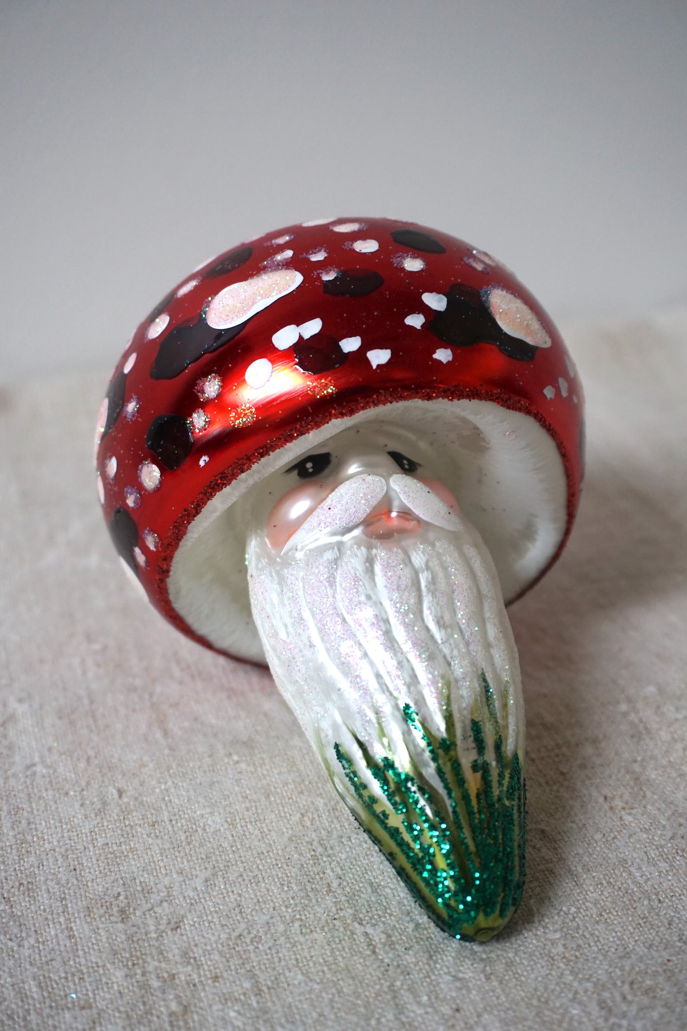 Polish Glass Christmas Ornament - Extra Large Mushroom with Santa Face