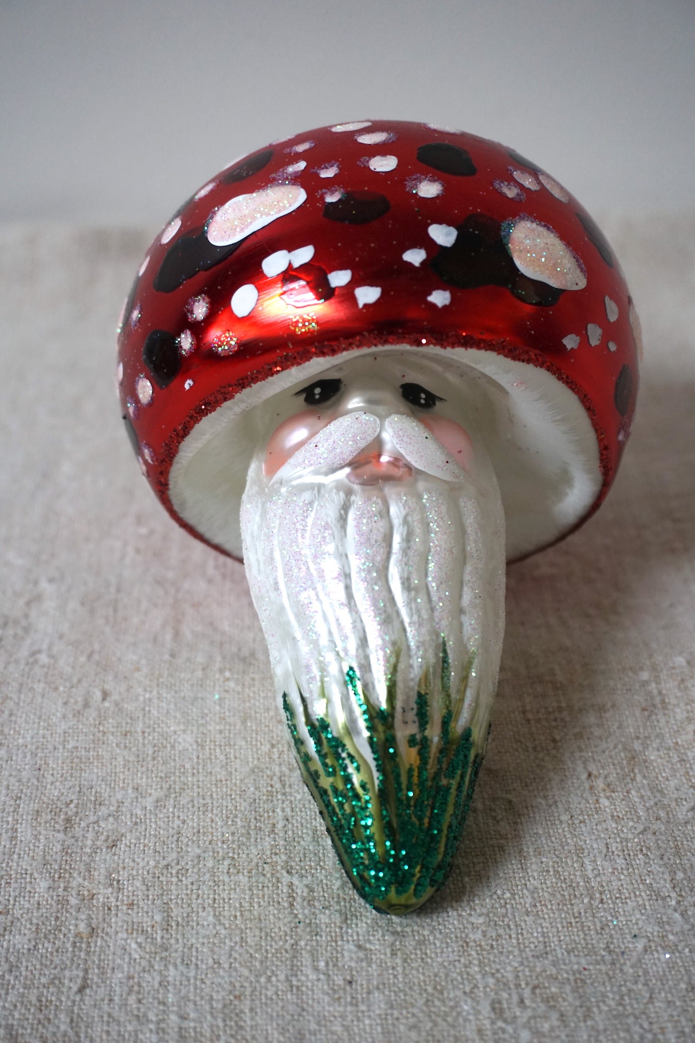 Polish Glass Christmas Ornament - Extra Large Mushroom with Santa Face