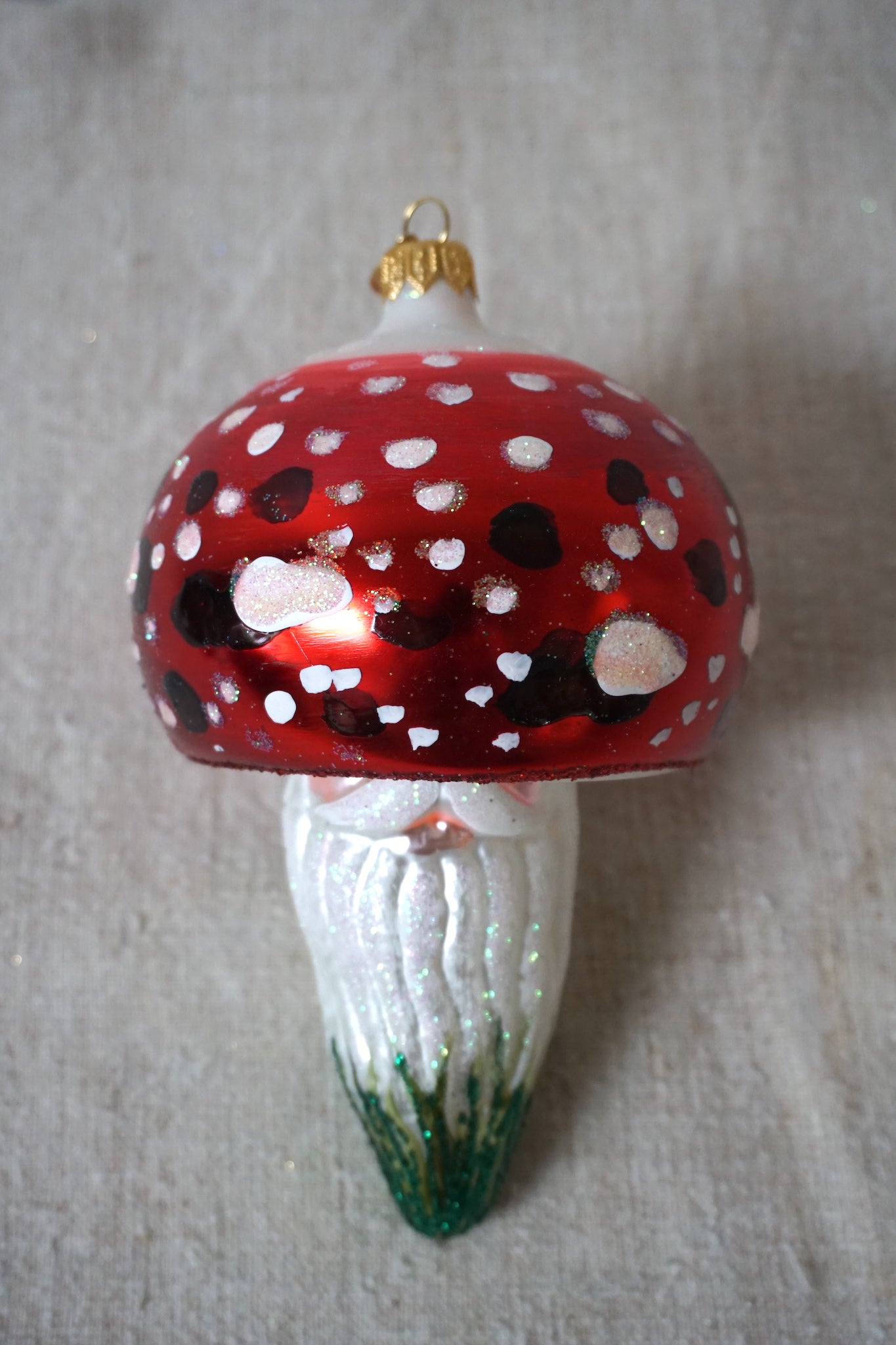 Polish Glass Christmas Ornament - Extra Large Mushroom with Santa Face