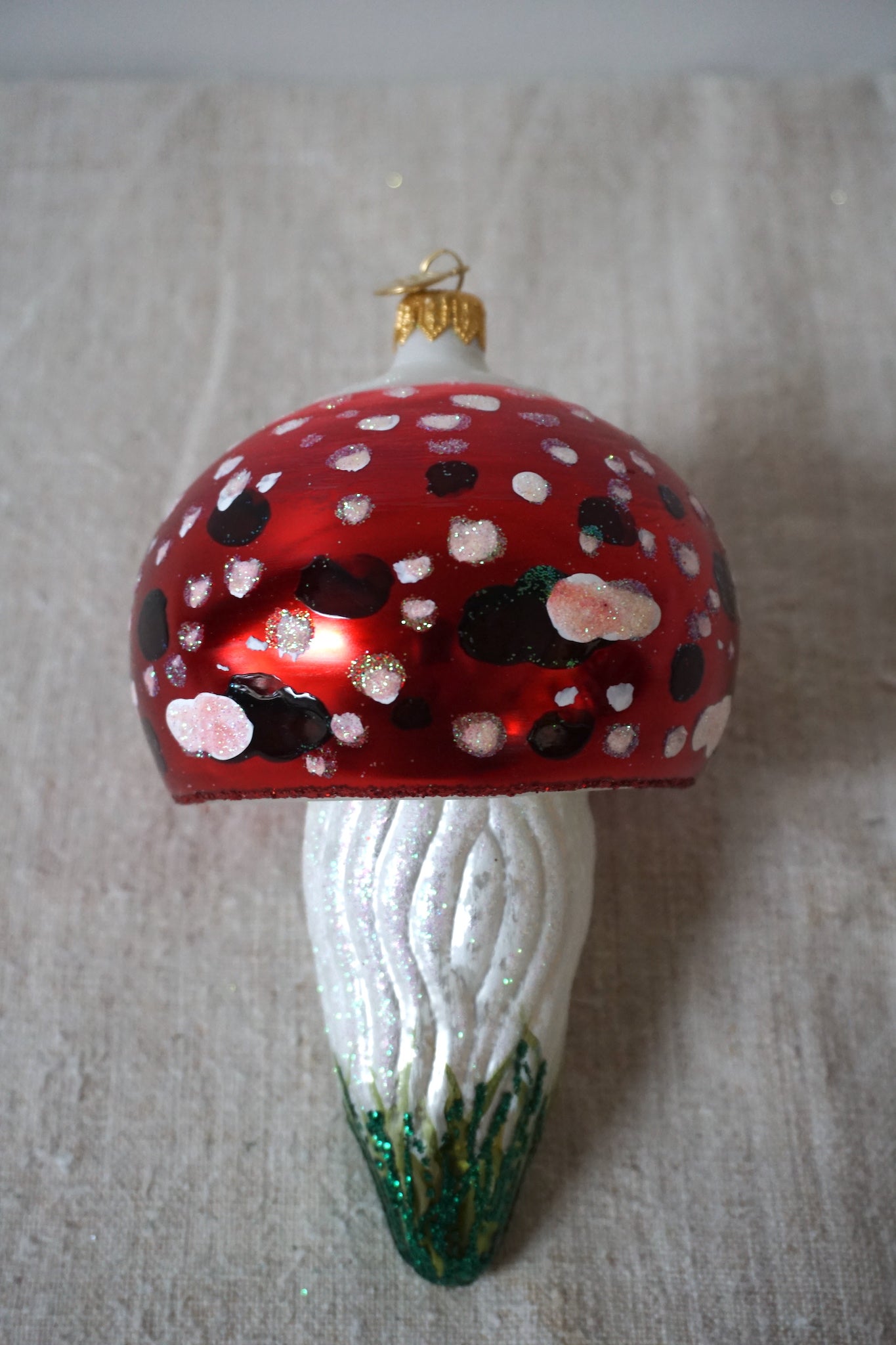 Polish Glass Christmas Ornament - Extra Large Mushroom with Santa Face