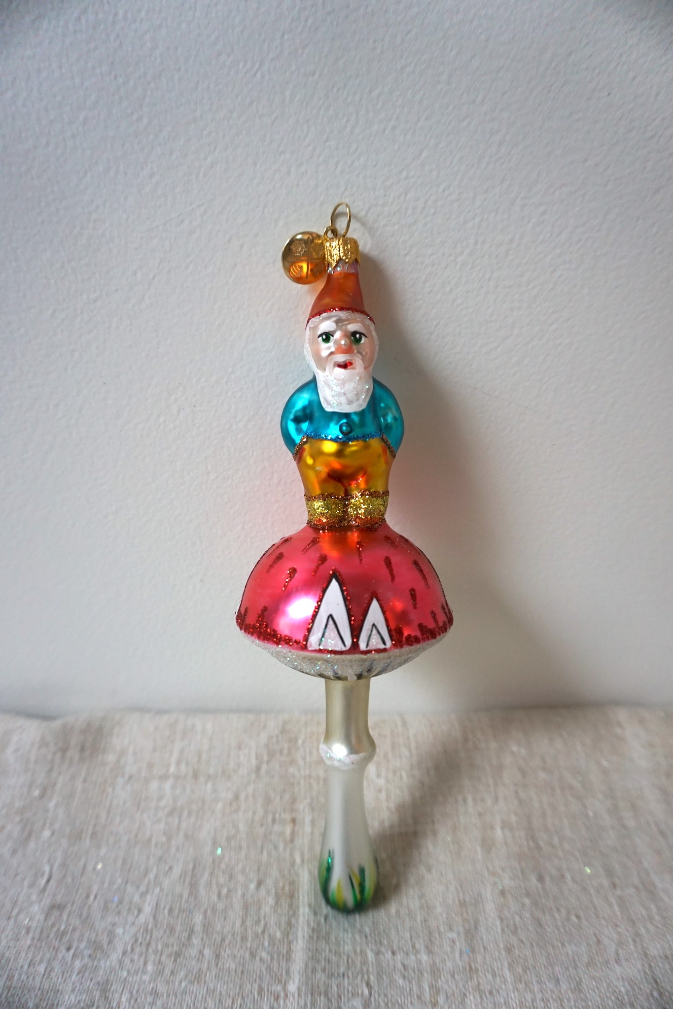 Polish Glass Christmas Ornament - Blue & Yellow Gnome on Mushroom