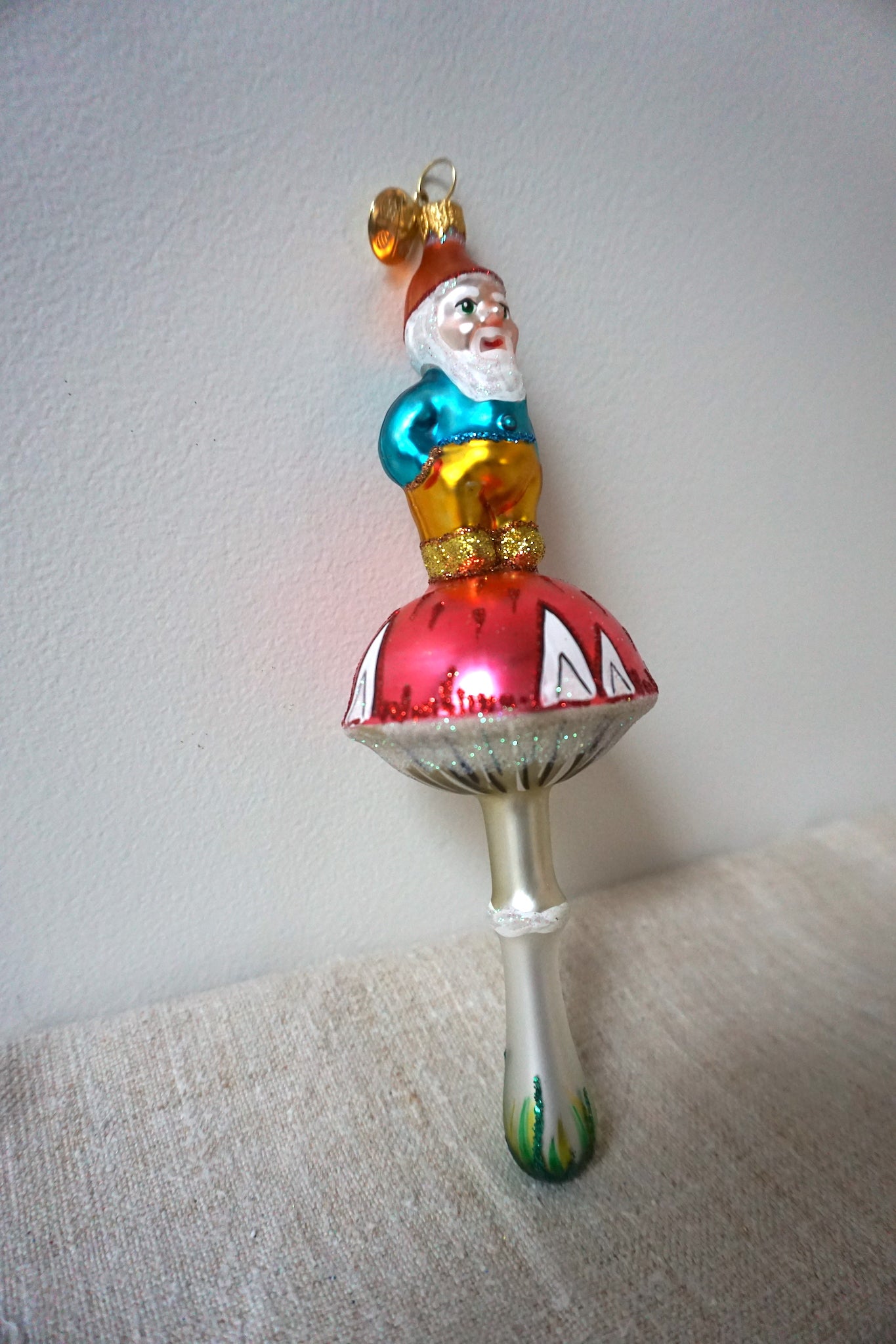 Polish Glass Christmas Ornament - Blue & Yellow Gnome on Mushroom