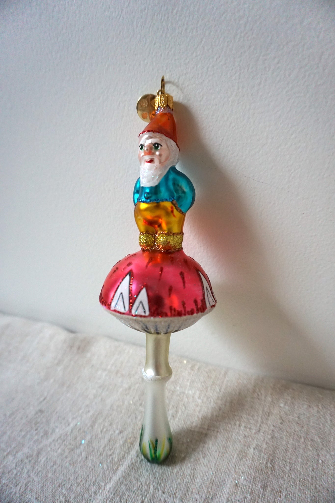 Polish Glass Christmas Ornament - Blue & Yellow Gnome on Mushroom