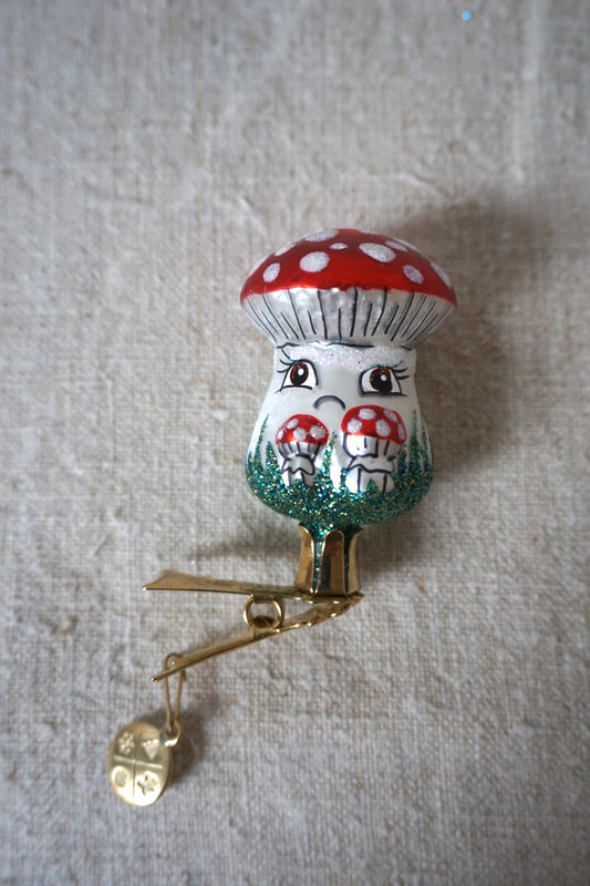 Polish Glass Christmas Ornament - Small Mushroom with Face & Clip