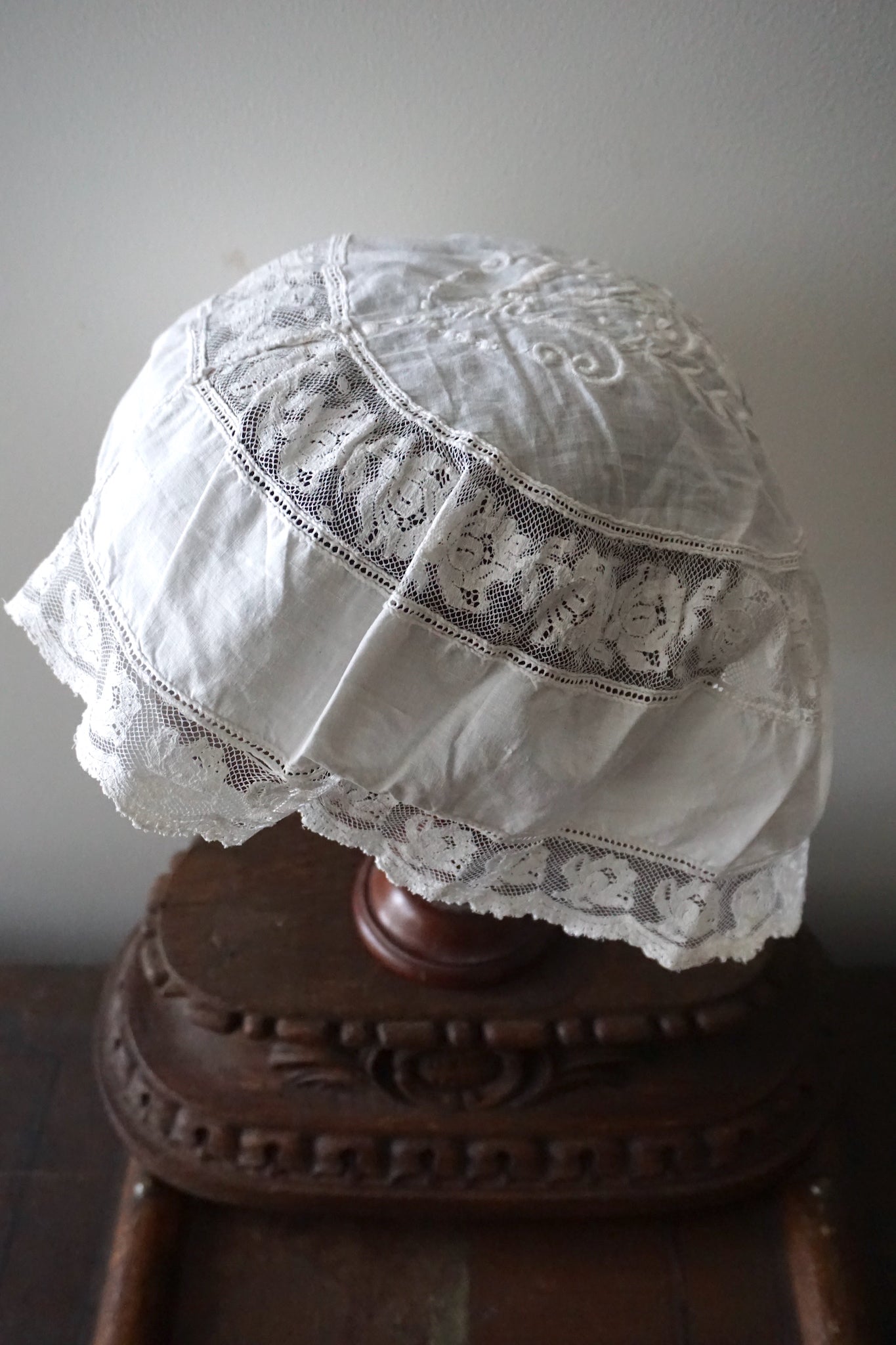 Antique French Hand-Embroidered Cotton Cap