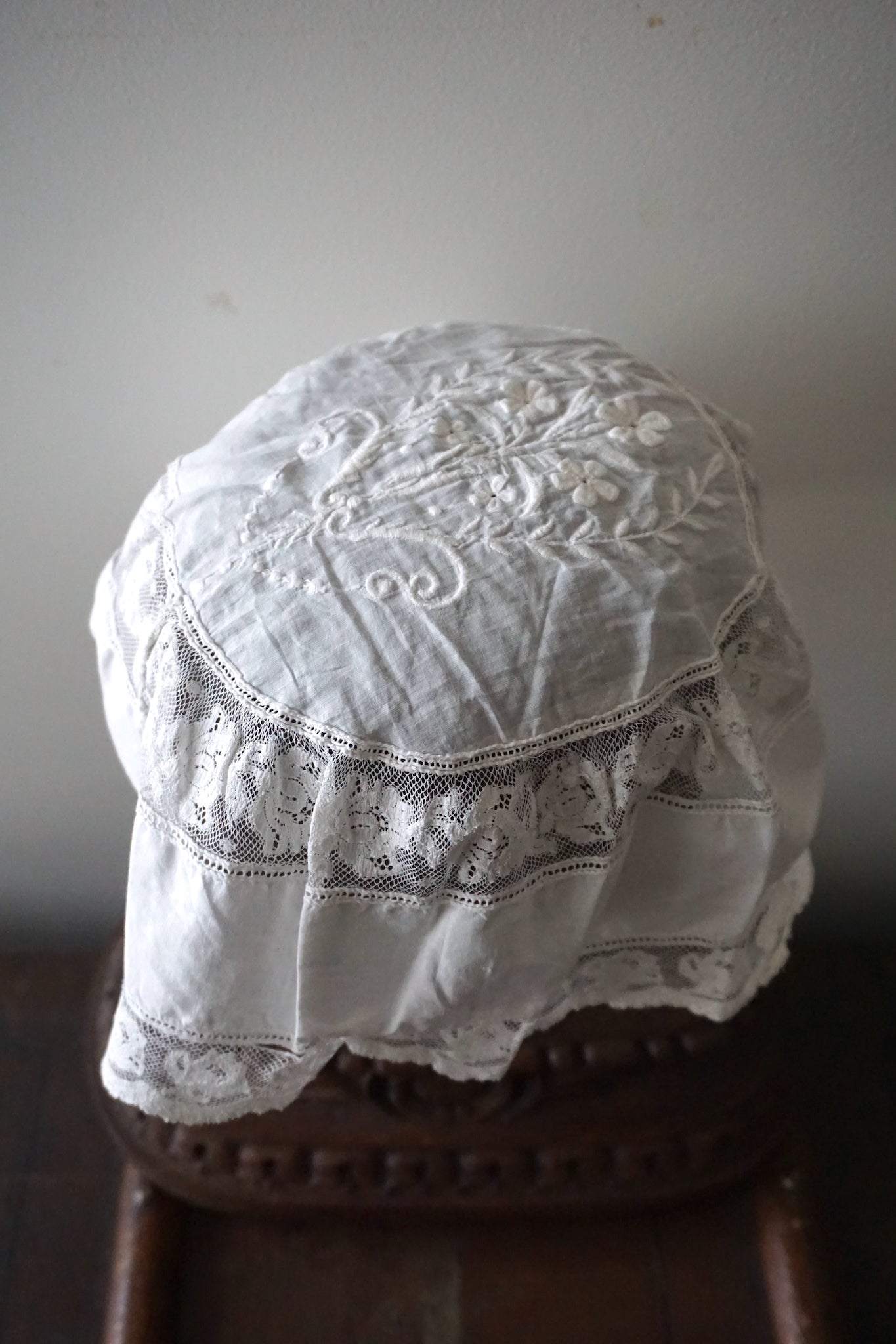 Antique French Hand-Embroidered Cotton Cap