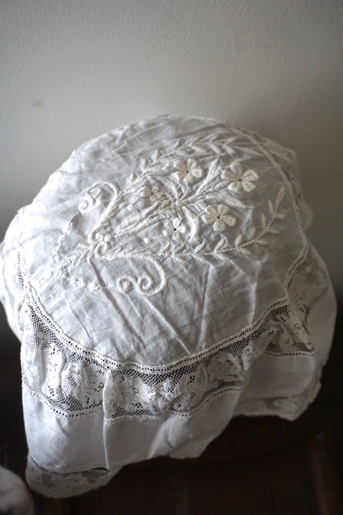 Antique French Hand-Embroidered Cotton Cap