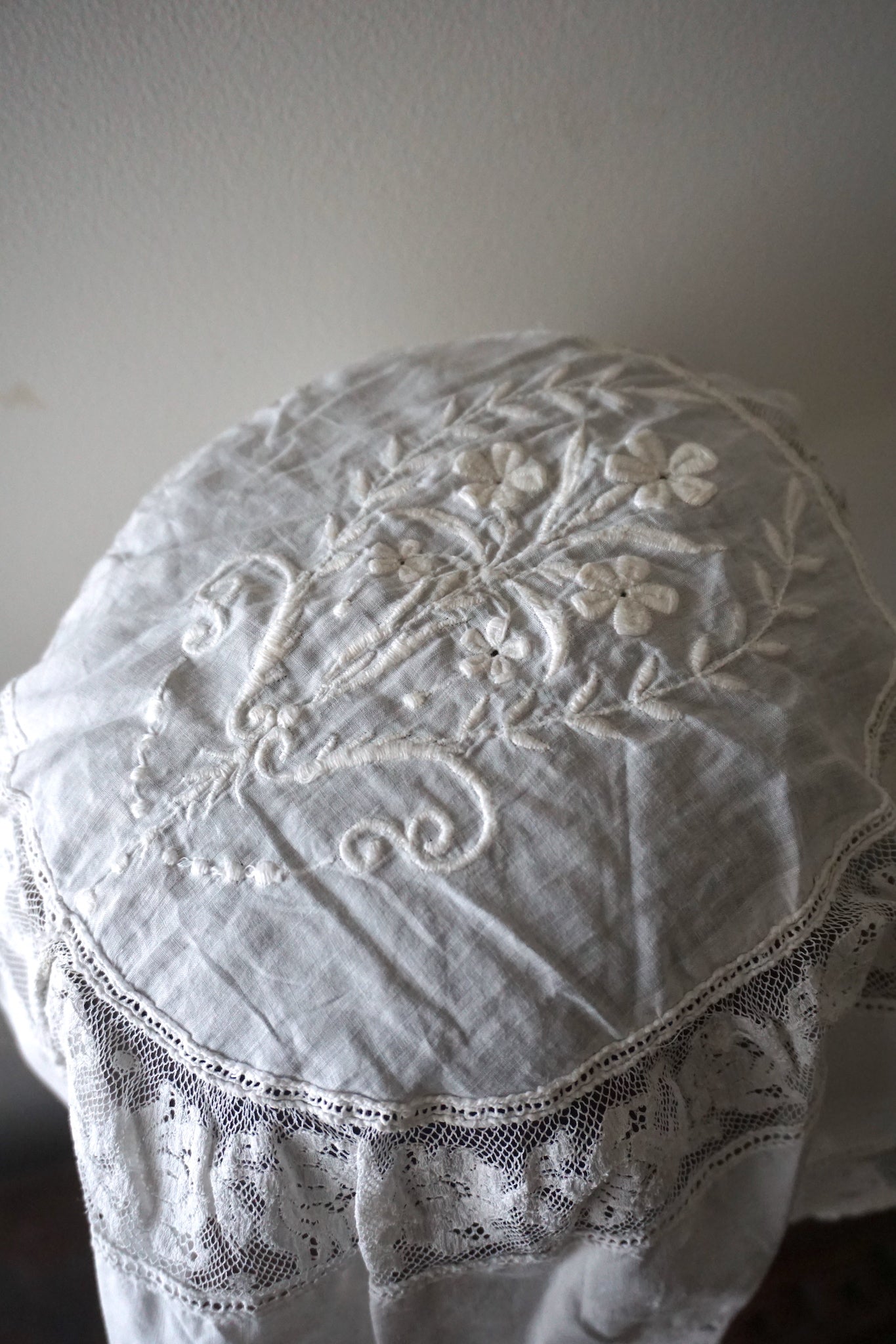 Antique French Hand-Embroidered Cotton Cap