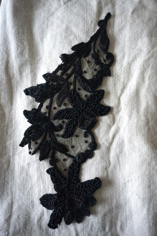 Antique French Black Silk Embroidered Floral Motif