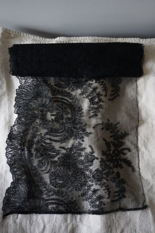 Antique French Black Floral Lace Edging