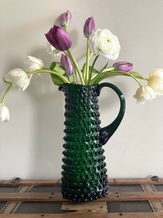 Dark Green Bohemia Glass Tall Hobnail Pitcher