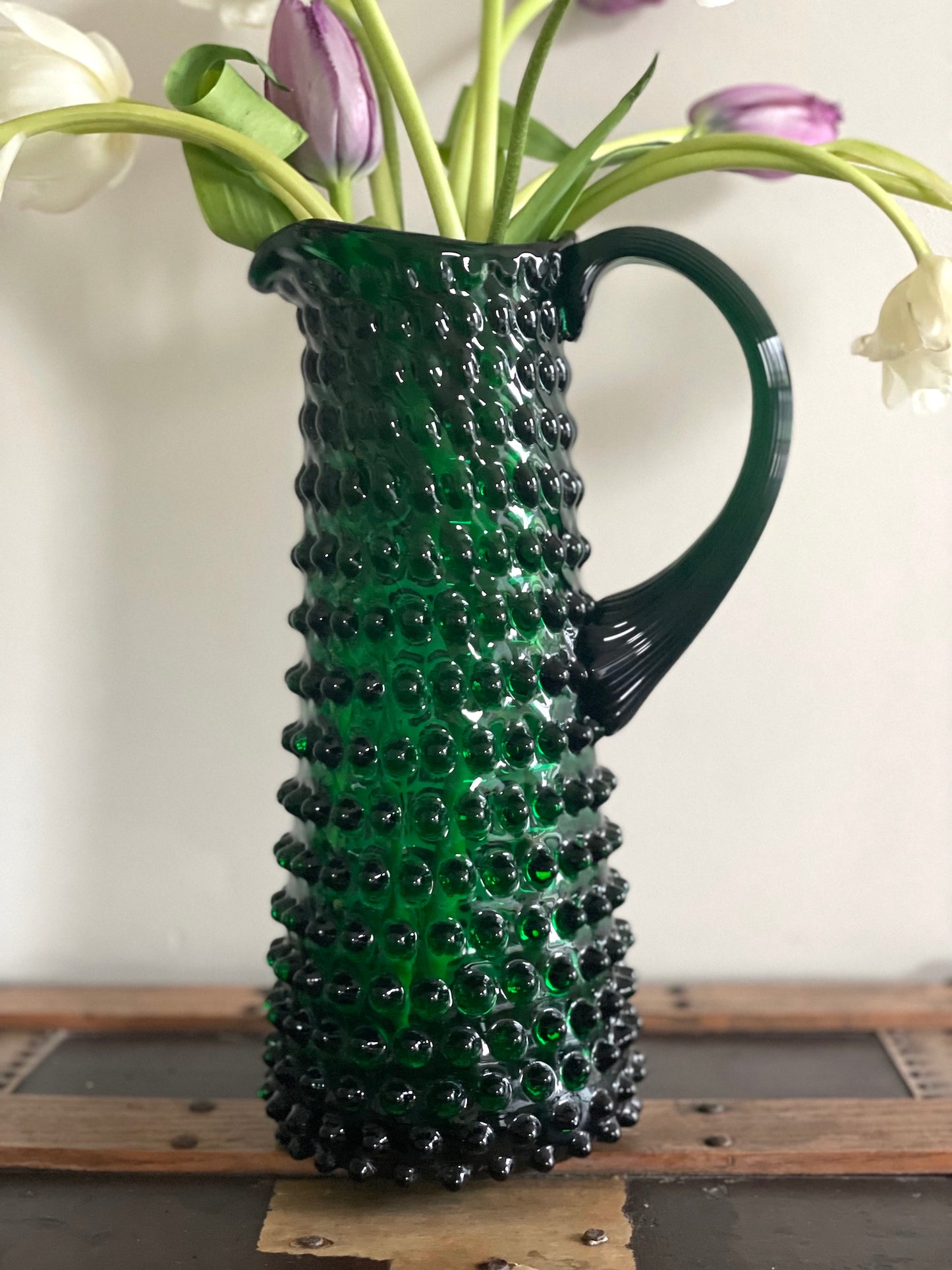 Dark Green Bohemia Glass Tall Hobnail Pitcher