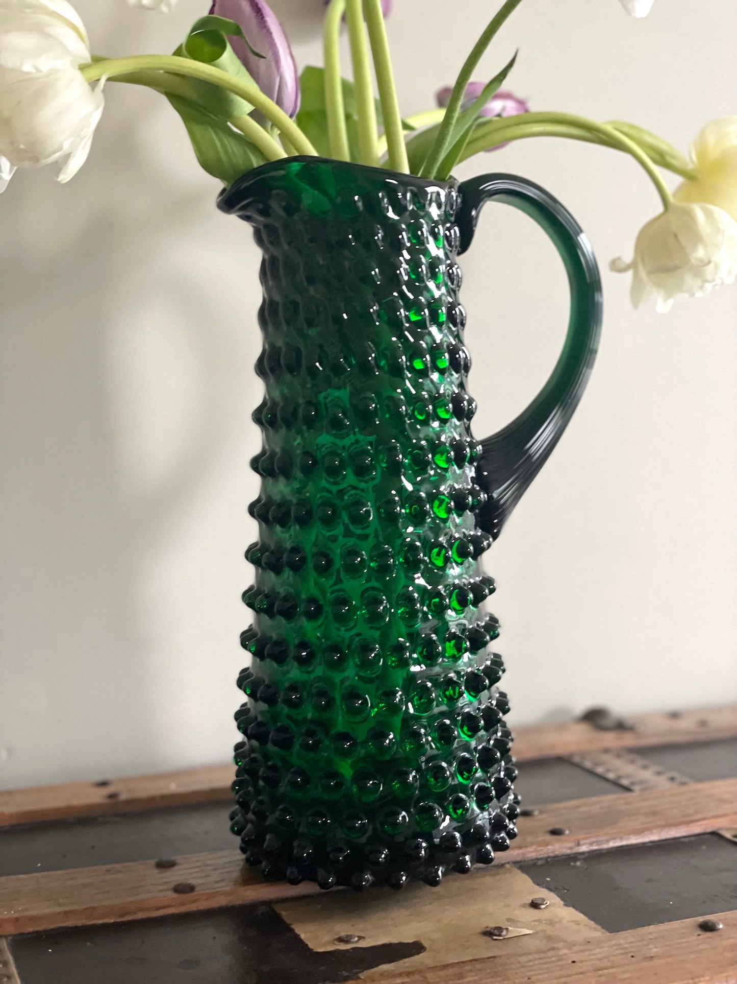 Dark Green Bohemia Glass Tall Hobnail Pitcher