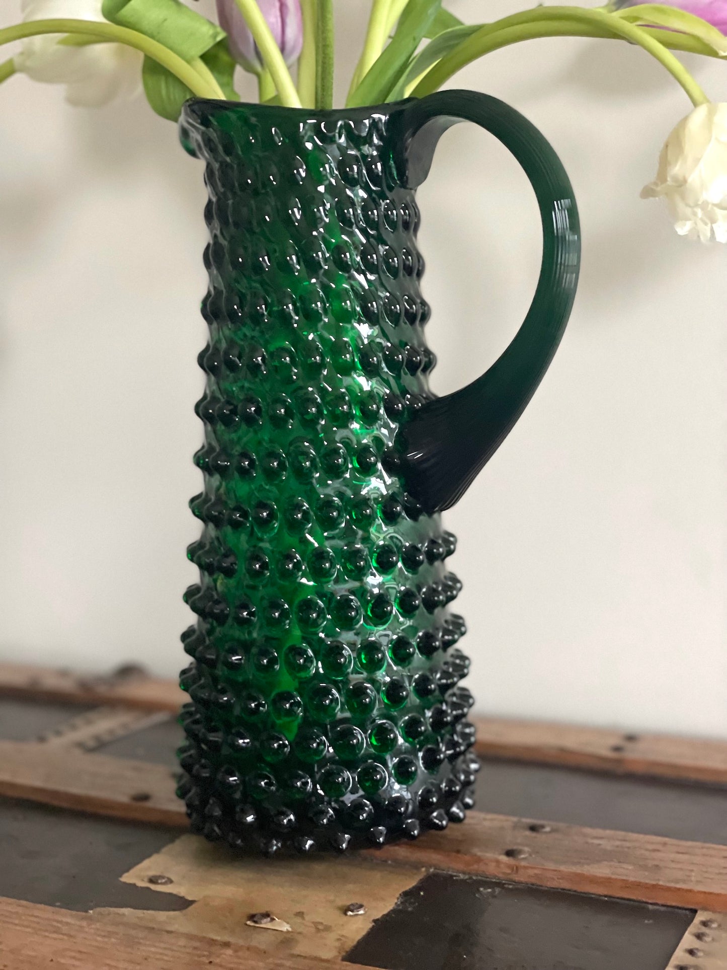 Dark Green Bohemia Glass Tall Hobnail Pitcher