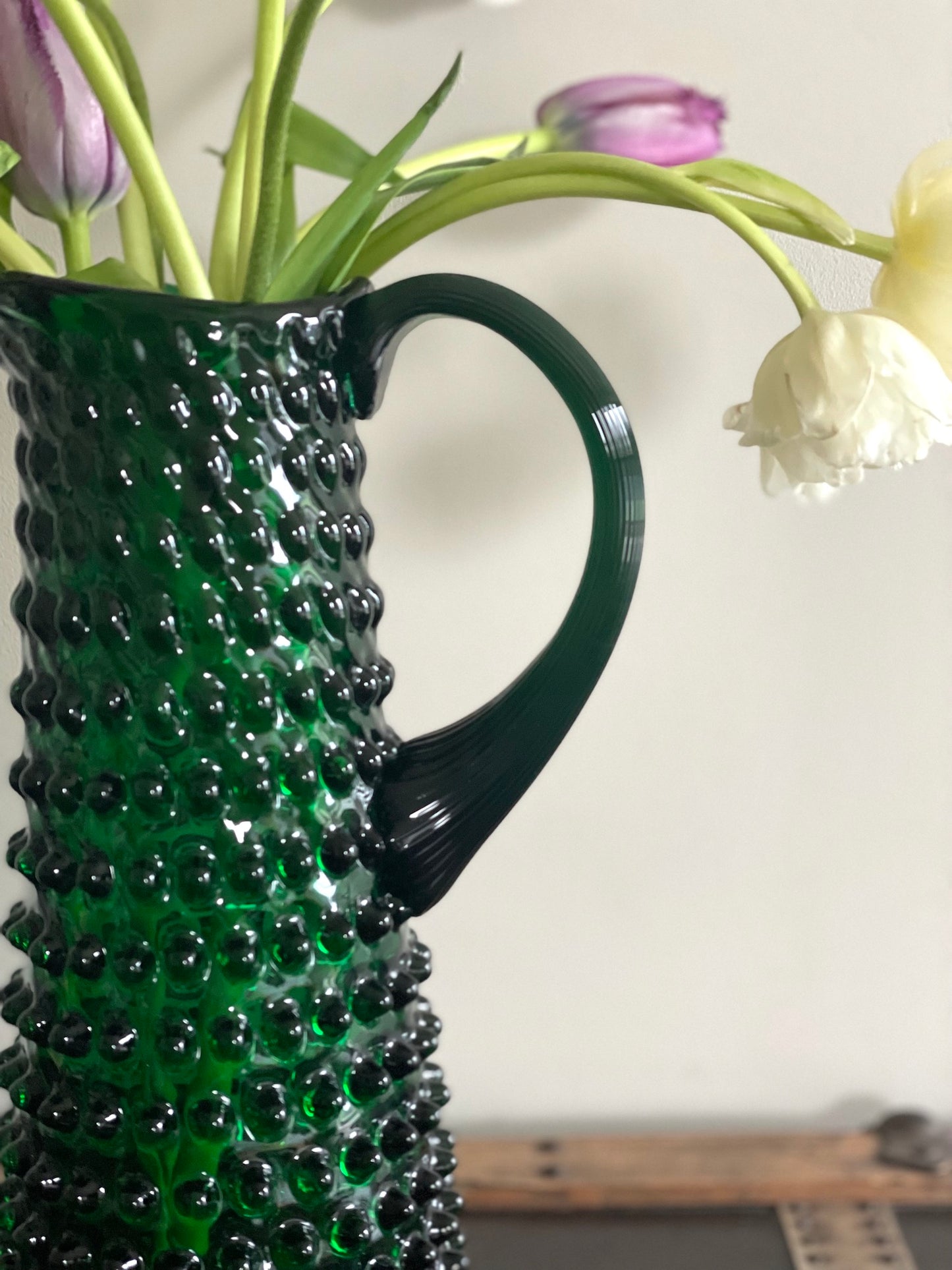 Dark Green Bohemia Glass Tall Hobnail Pitcher