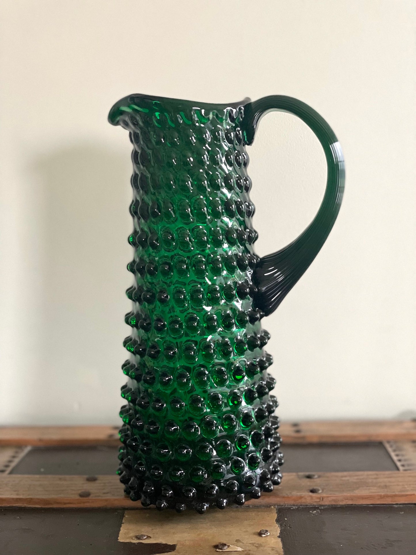 Dark Green Bohemia Glass Tall Hobnail Pitcher