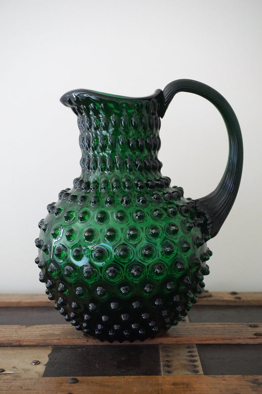 Green Bohemia Glass Hobnail Pitcher