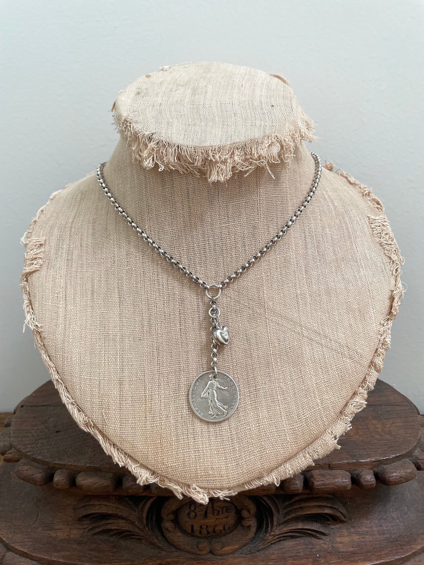 Antique French 1919 Coin and Heart Silver Necklace