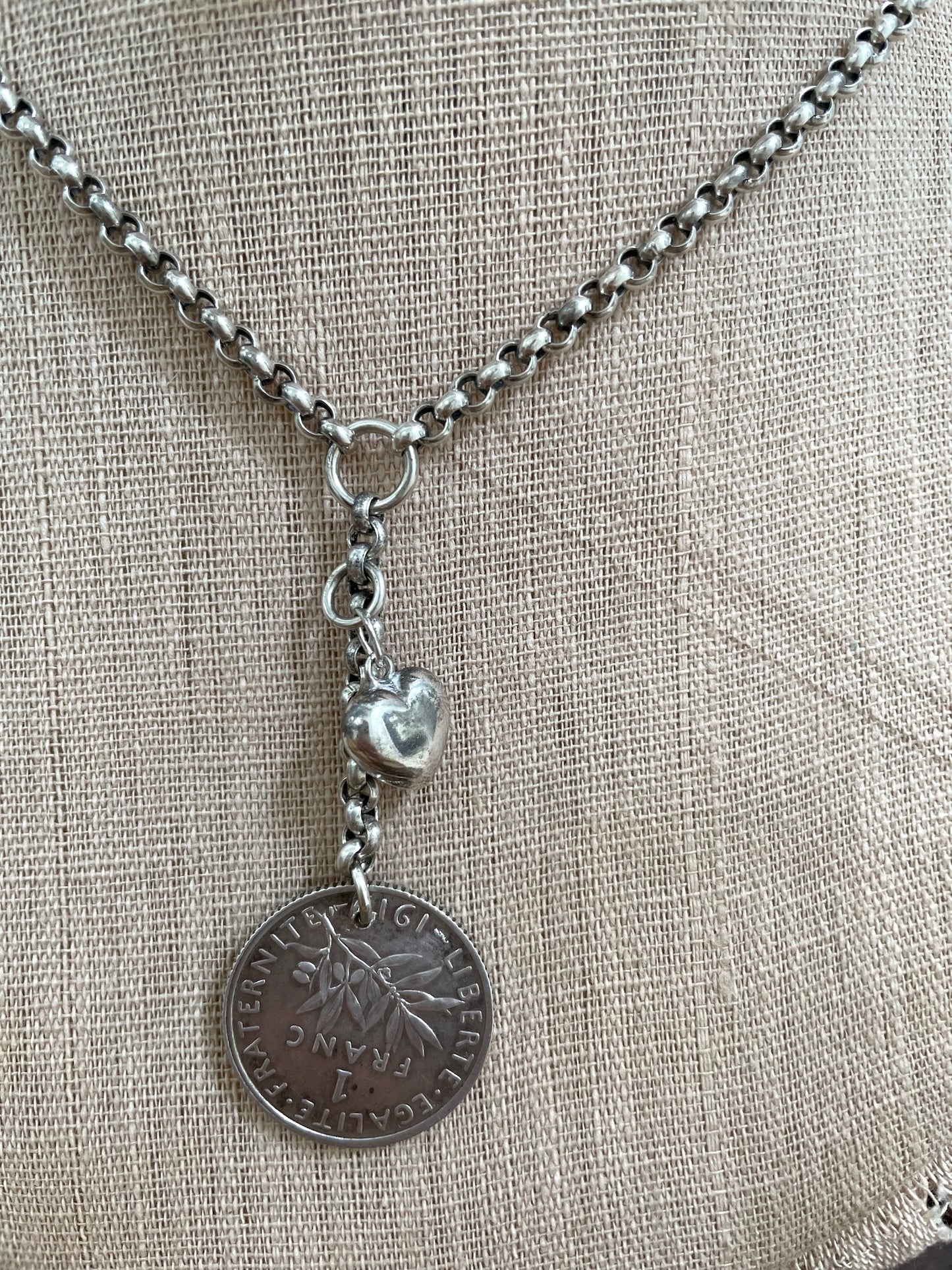 Antique French 1919 Coin and Heart Silver Necklace