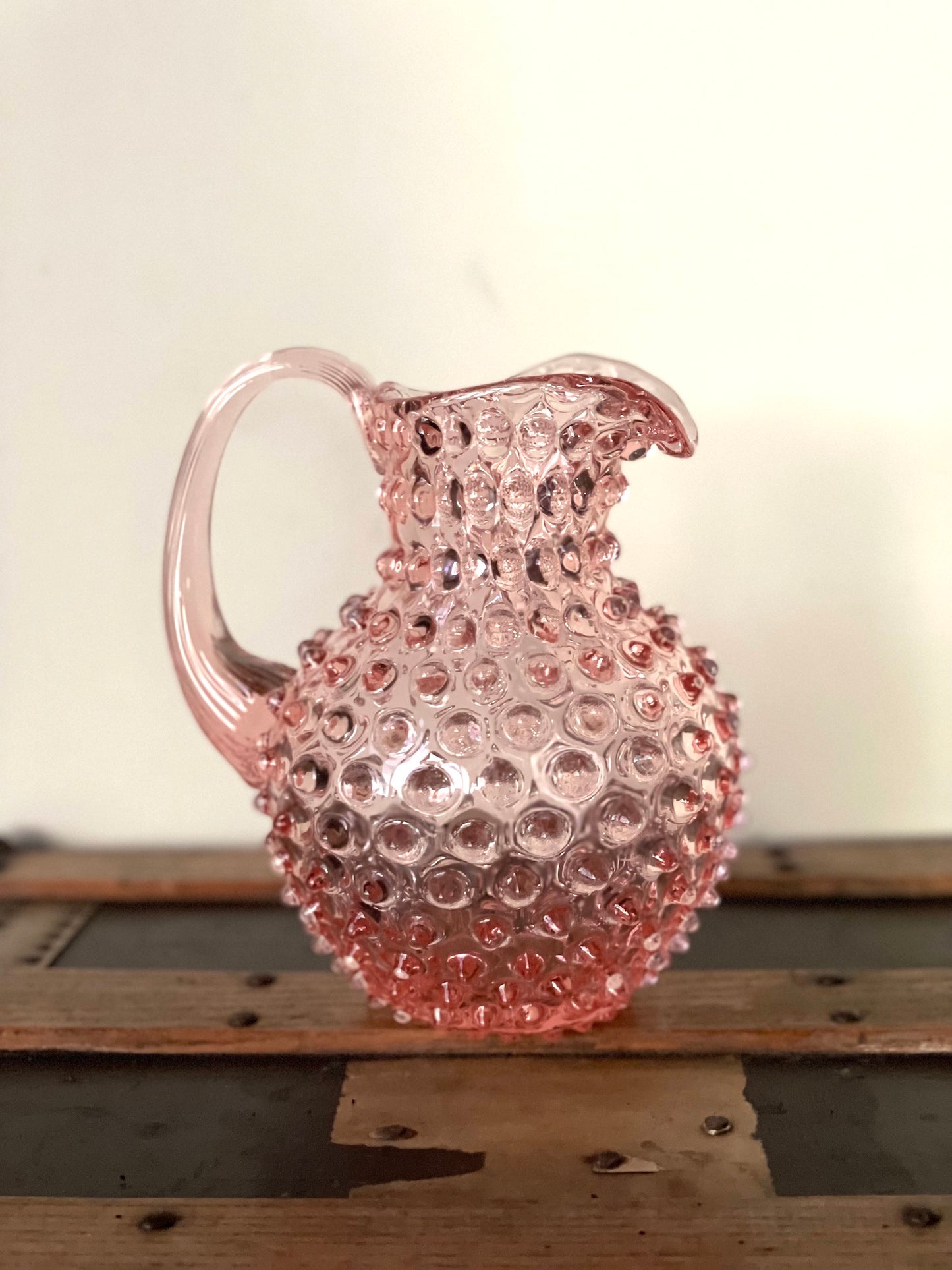 Sweet Pink Bohemia Glass Hobnail Pitcher