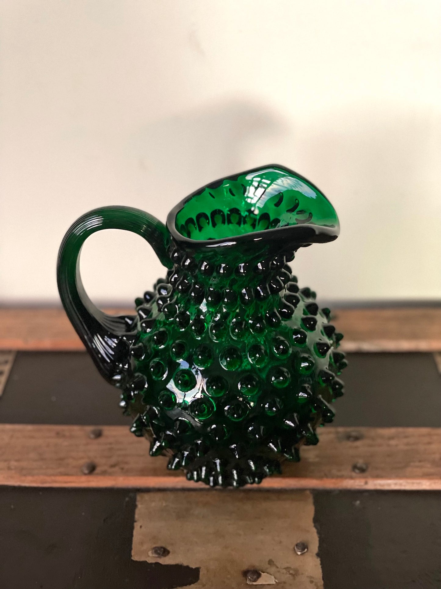 Green Bohemia Glass Hobnail Pitcher