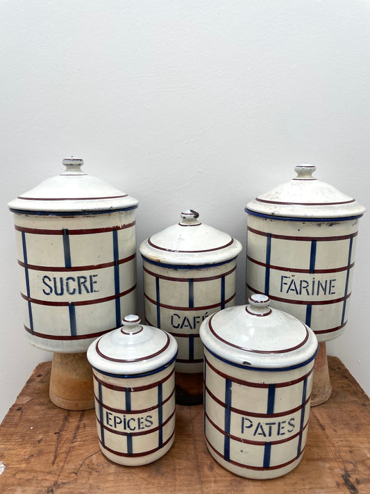 Vintage French Enamel Kitchen Canisters - Set of 5