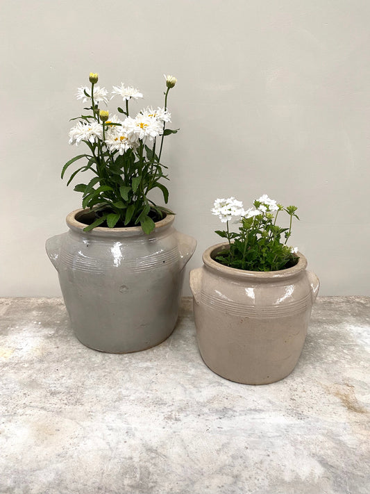 Antique French Glazed Pottery Jars with Handles - Cream & Duck Egg Blue