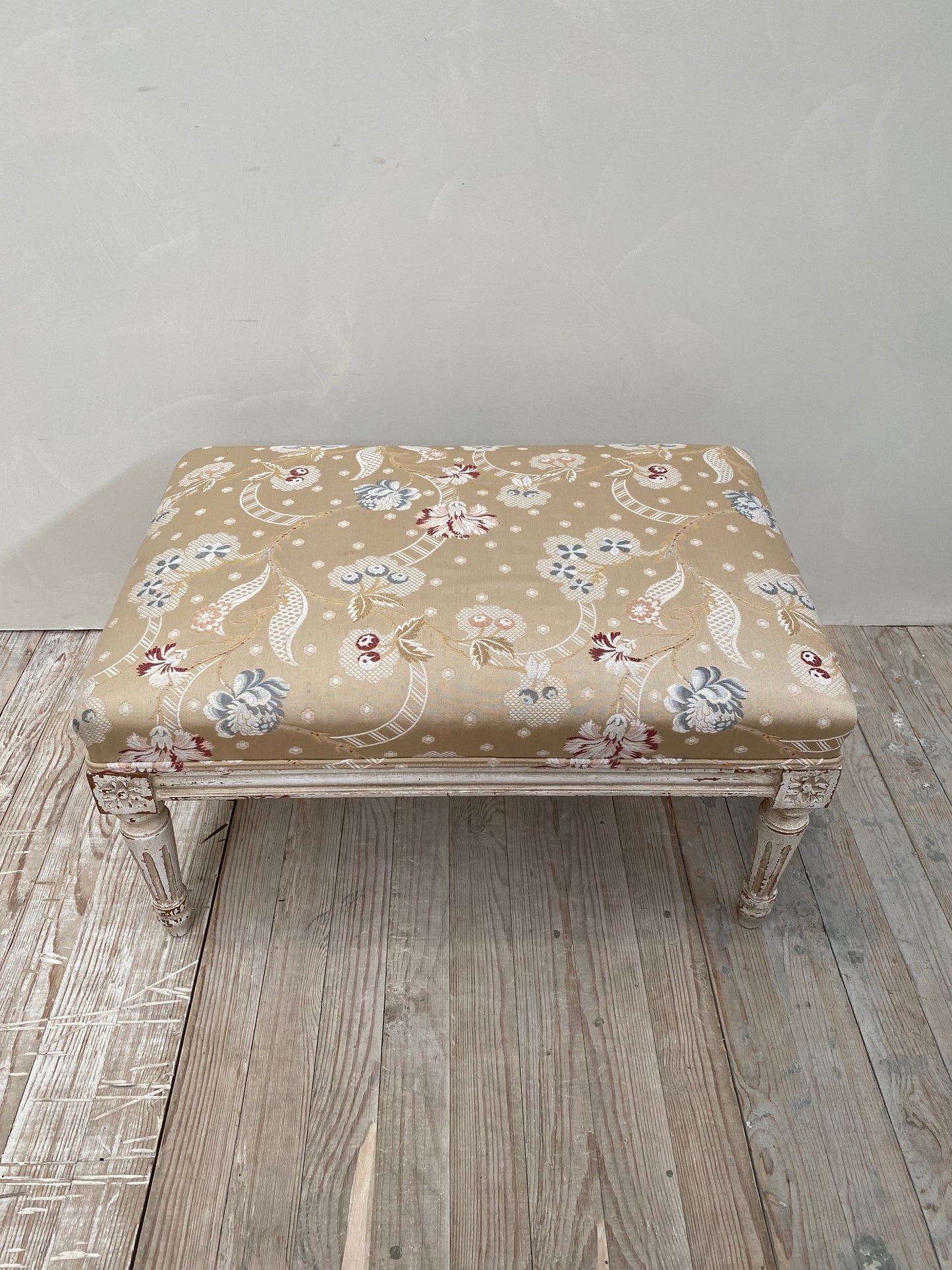 Antique French Painted Louis XVI Silk Upholstered Footstool