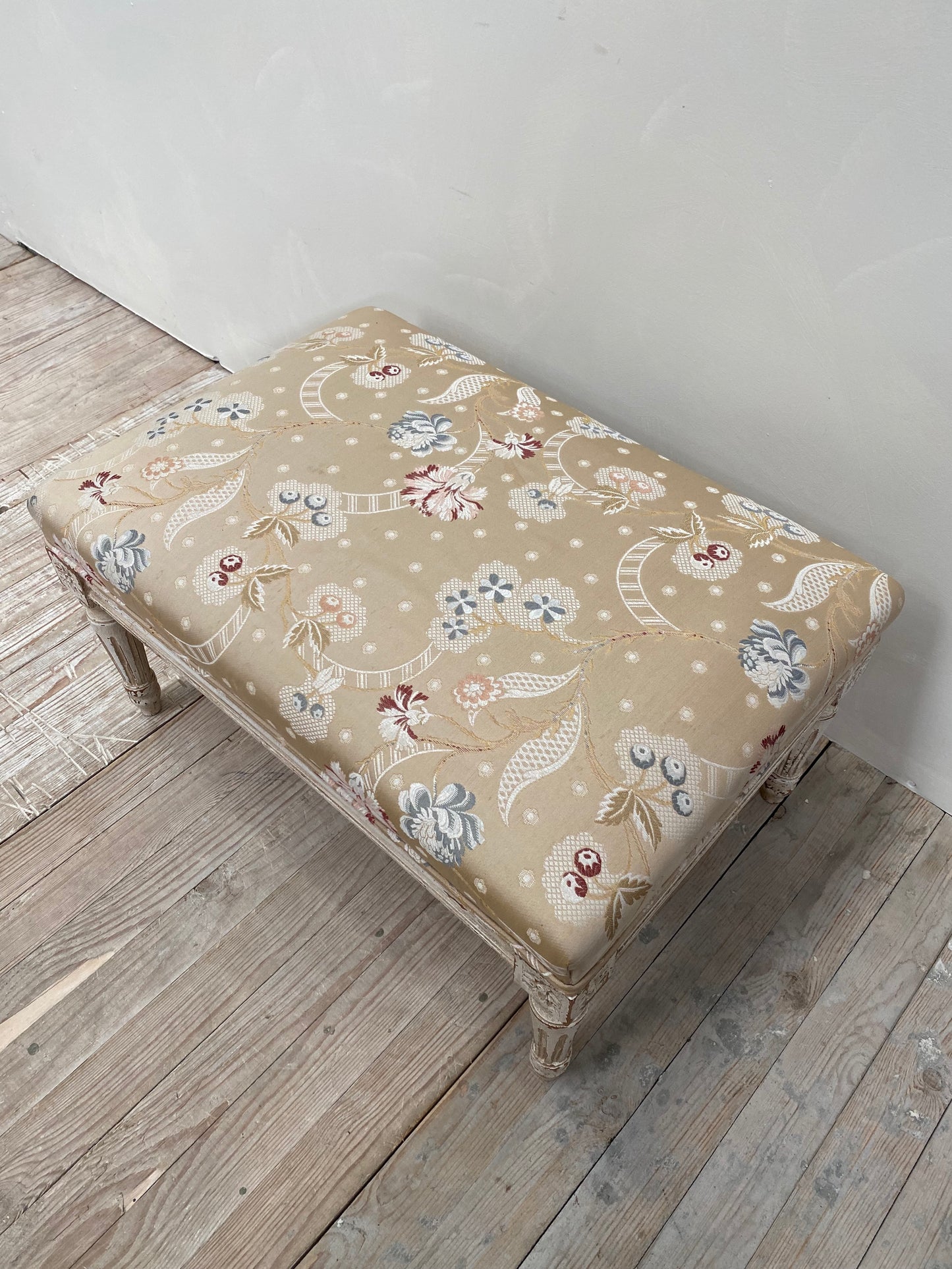 Antique French Painted Louis XVI Silk Upholstered Footstool