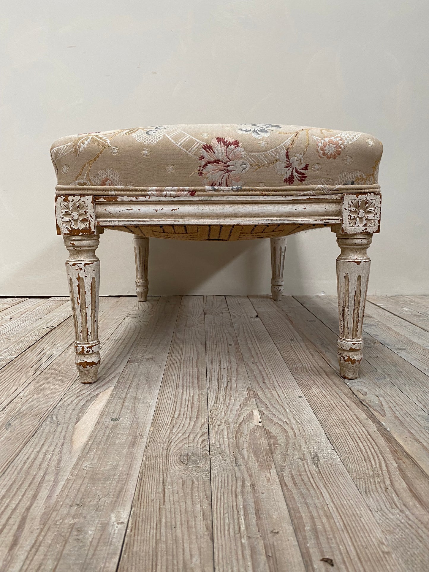 Antique French Painted Louis XVI Silk Upholstered Footstool