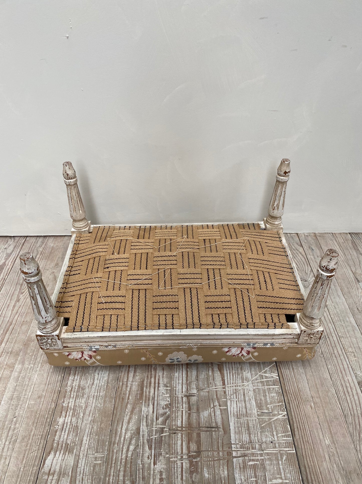 Antique French Painted Louis XVI Silk Upholstered Footstool