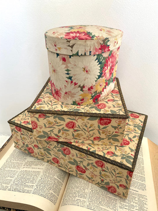 Antique French Floral Fabric Covered Sewing Boxes