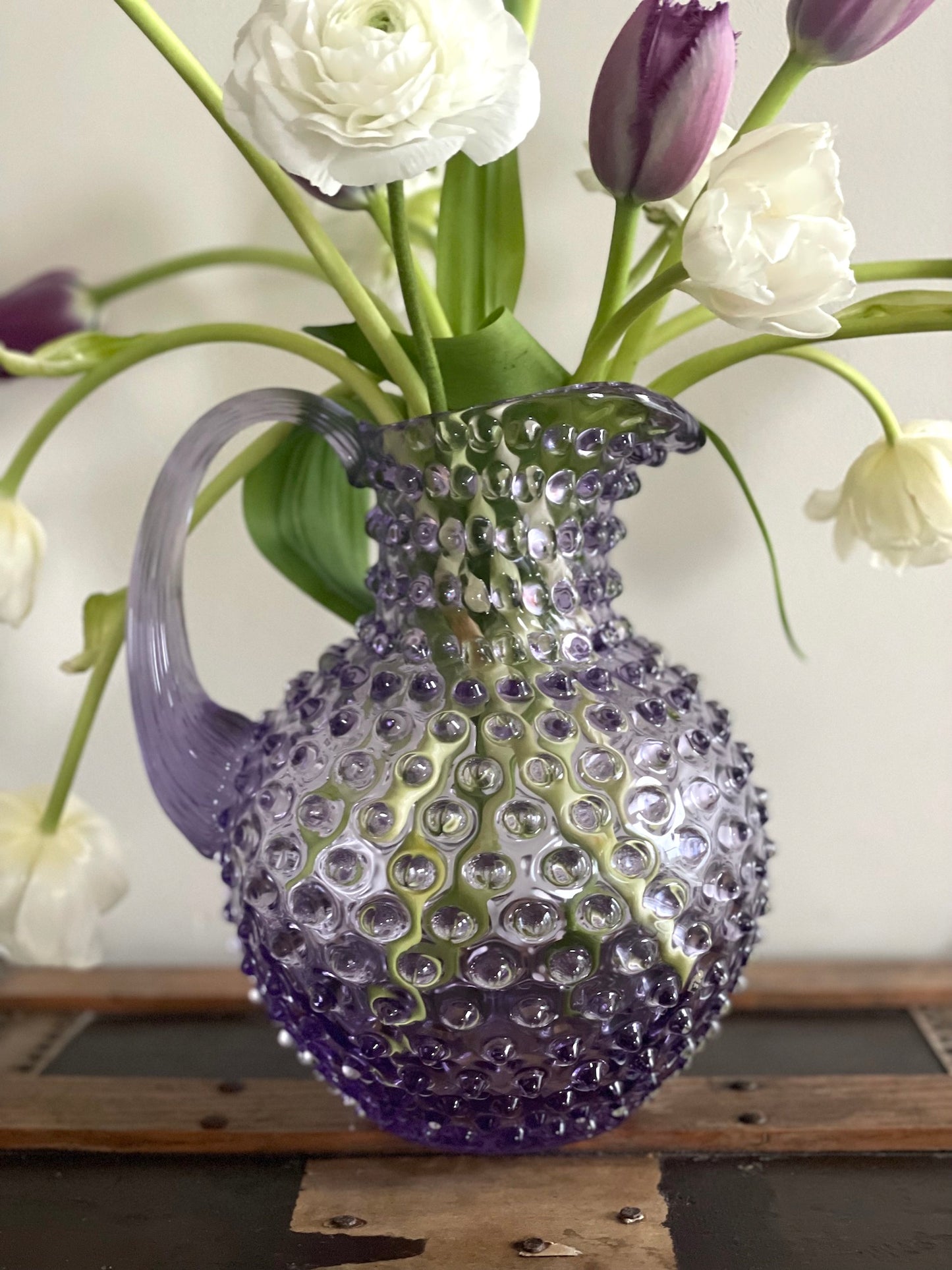 Lavendar Bohemia Glass Hobnail Pitcher