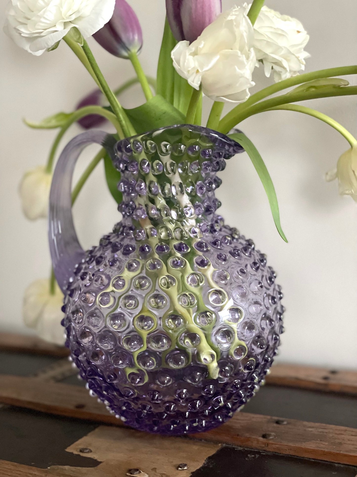 Lavendar Bohemia Glass Hobnail Pitcher