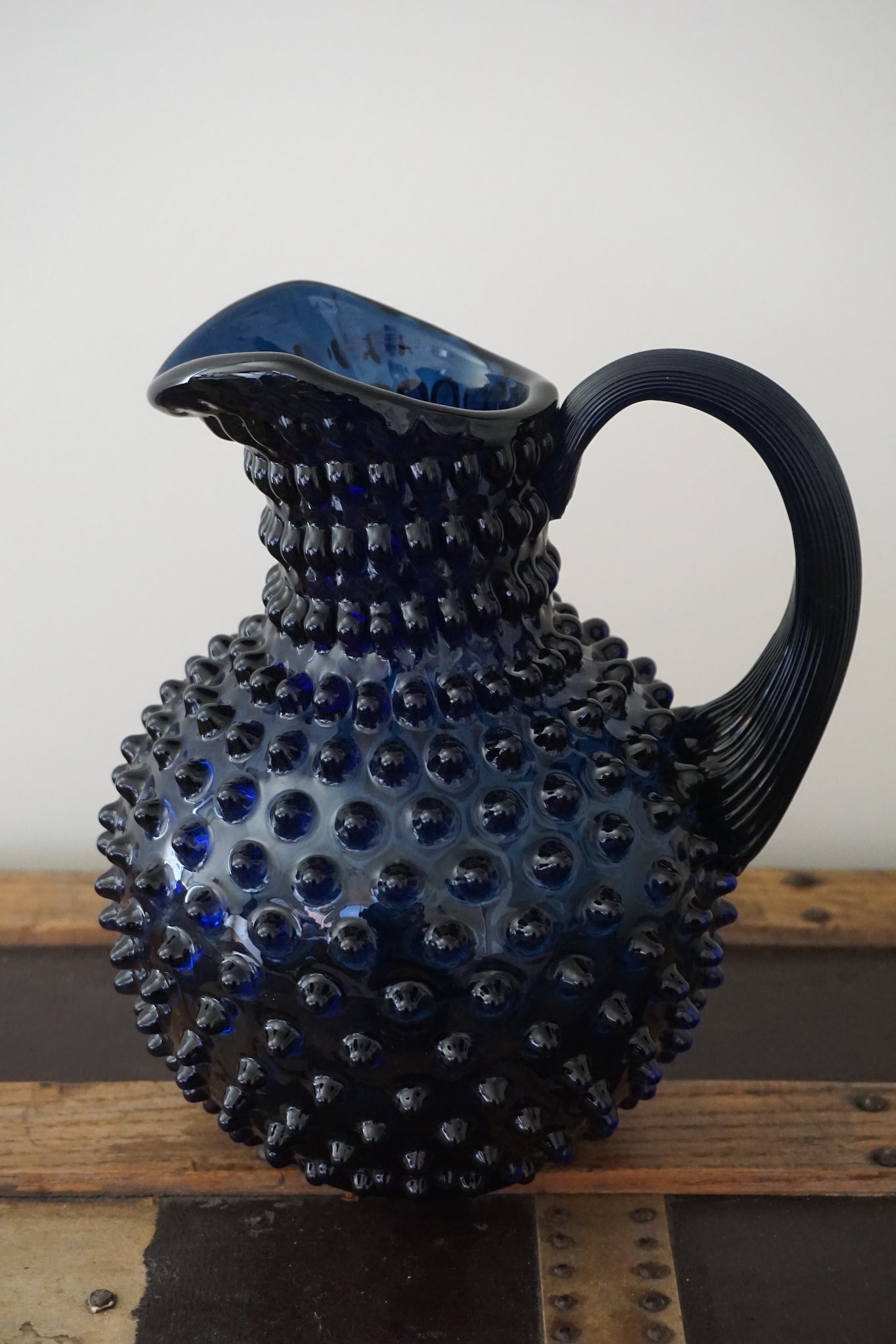 Night Blue Bohemia Glass Hobnail Pitcher