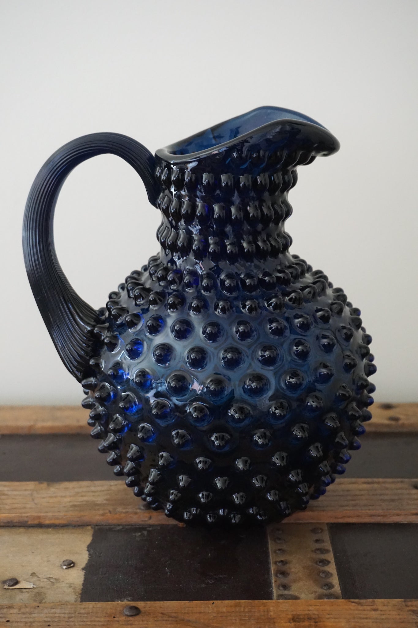 Night Blue Bohemia Glass Hobnail Pitcher