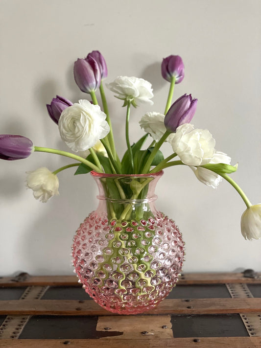 Rose Pink Round Bohemia Glass Hobnail Vase