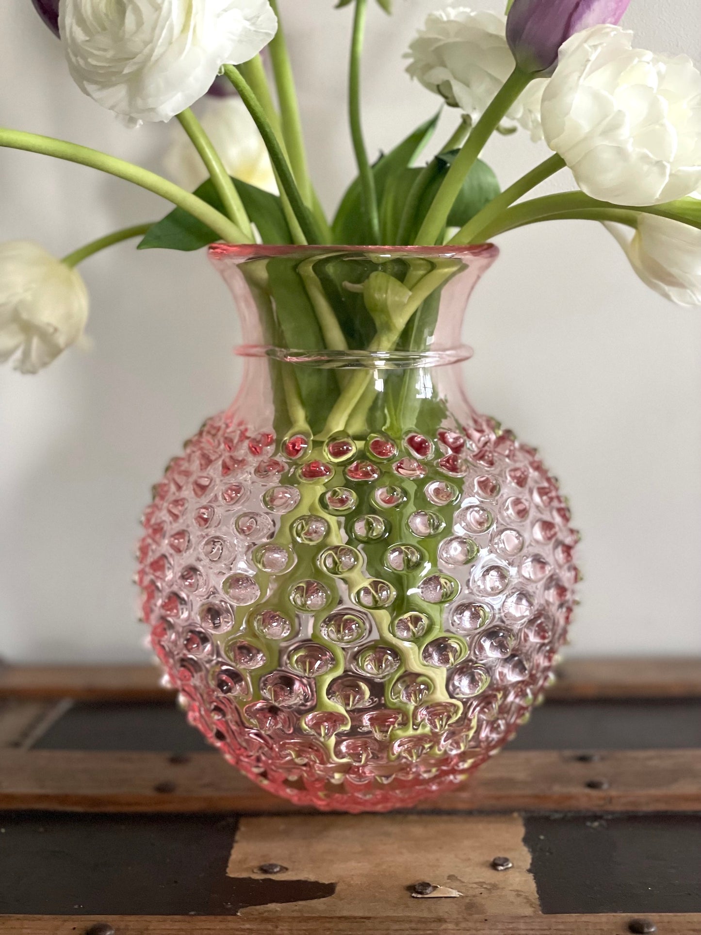 Rose Pink Round Bohemia Glass Hobnail Vase