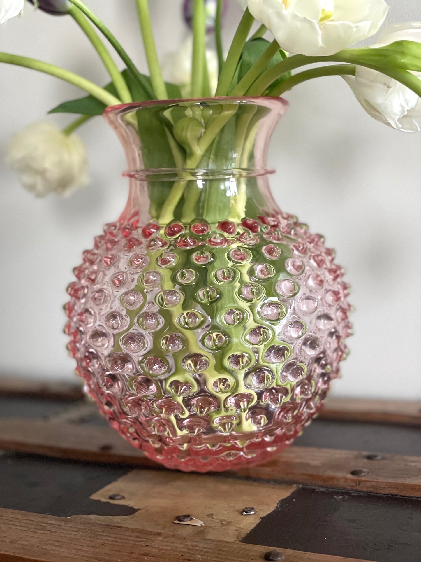 Rose Pink Round Bohemia Glass Hobnail Vase