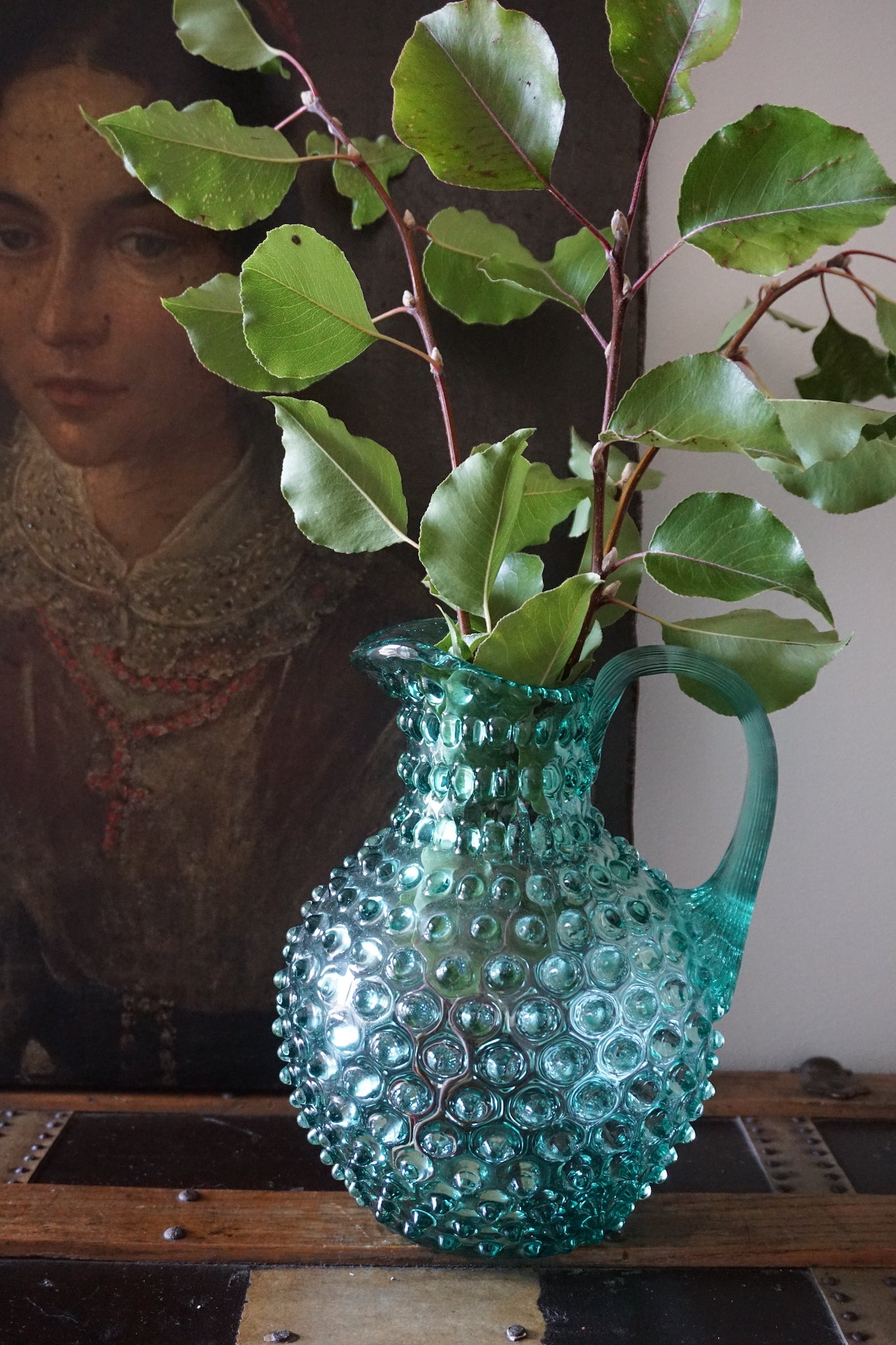 Beryl Bohemia Glass Hobnail Pitcher