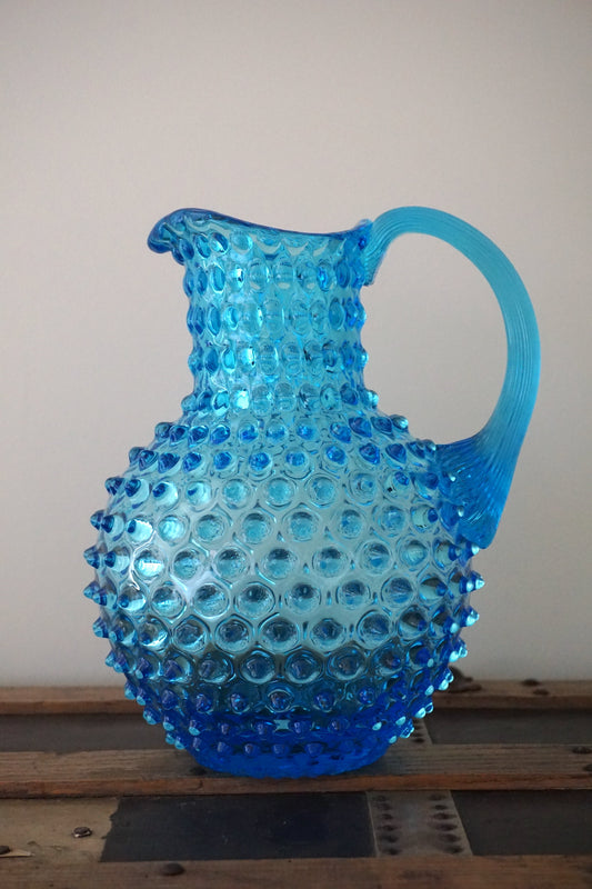 Turquoise Bohemia Glass Hobnail Pitcher