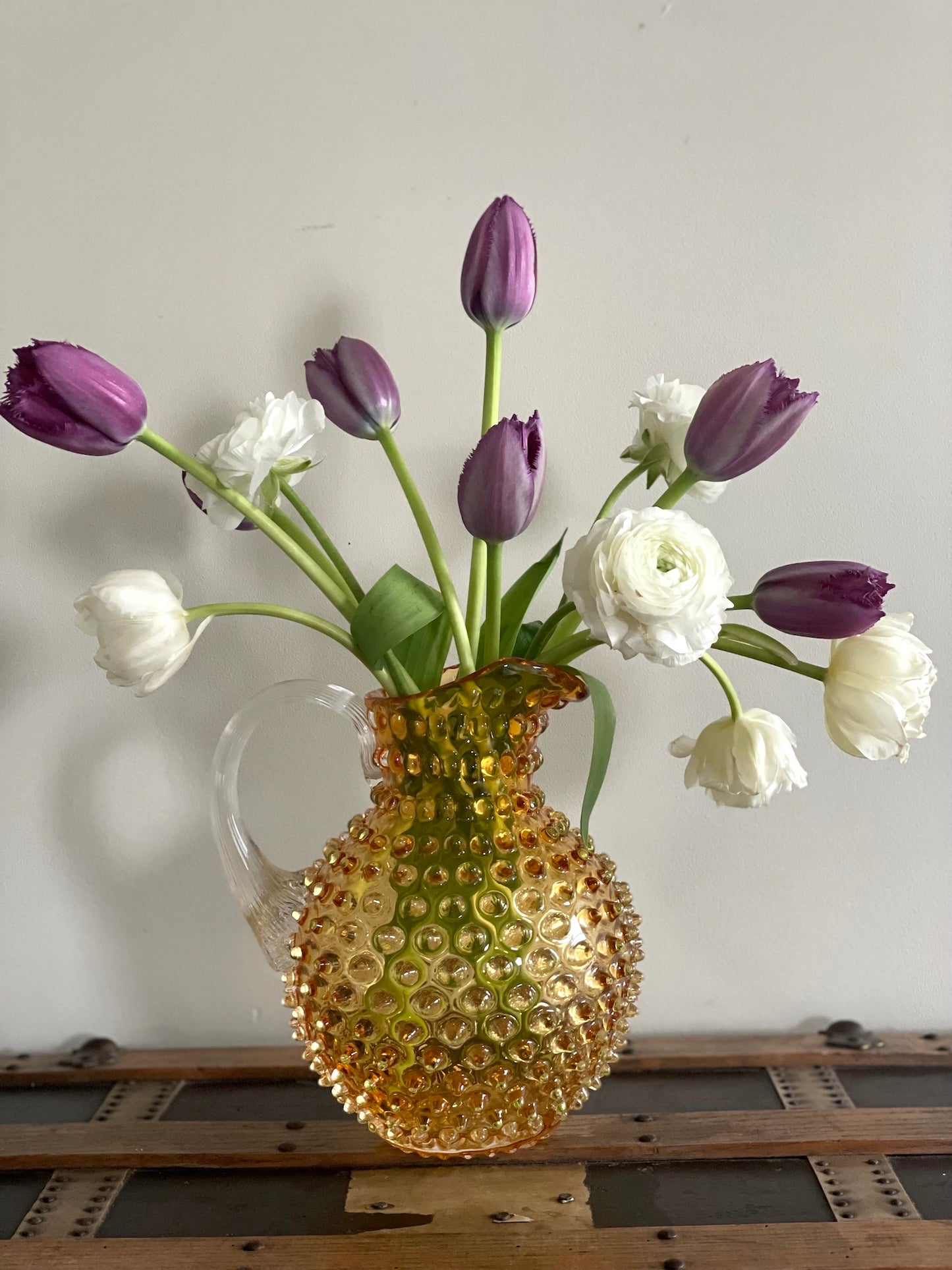 Underlay Amber Bohemia Glass Hobnail Pitcher