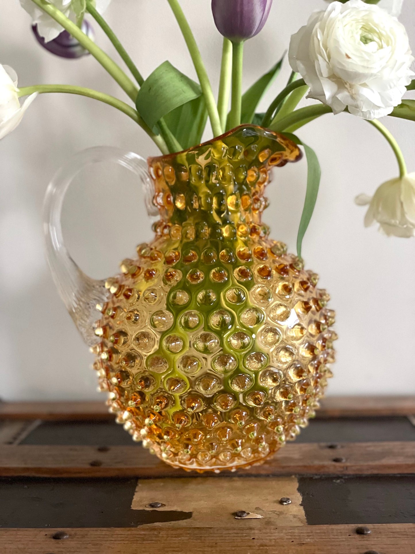 Underlay Amber Bohemia Glass Hobnail Pitcher