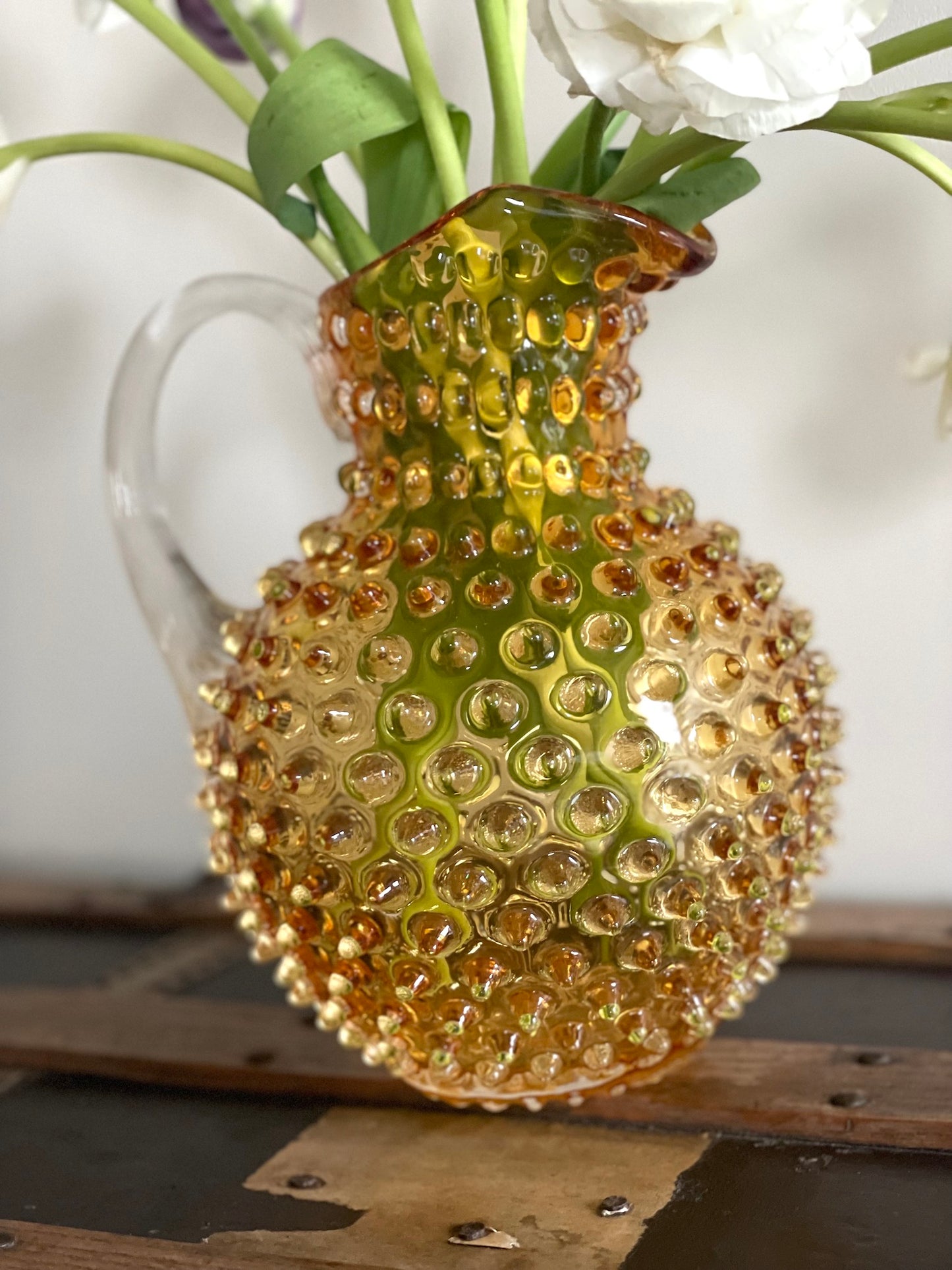 Underlay Amber Bohemia Glass Hobnail Pitcher