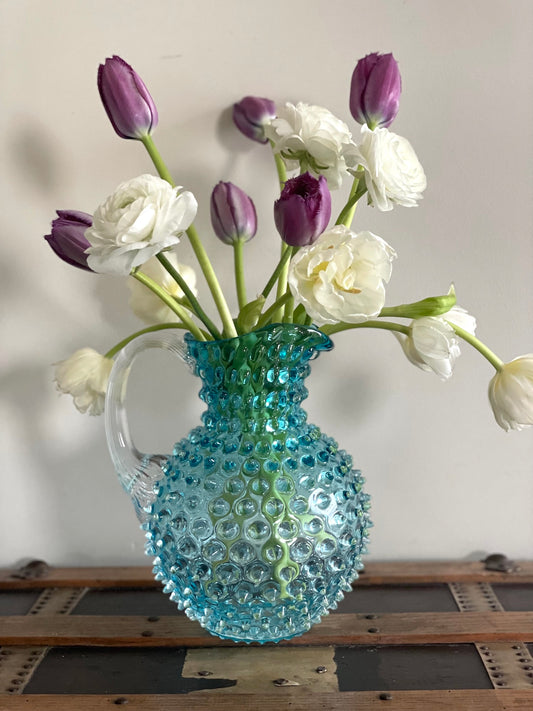 Underlay Aquamarine Bohemia Glass Hobnail Pitcher