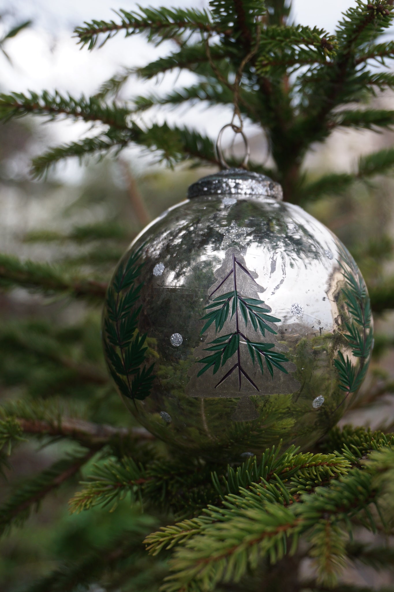 Walther & Co. Christmas Tree & Pine Branch Medium Glass Ball